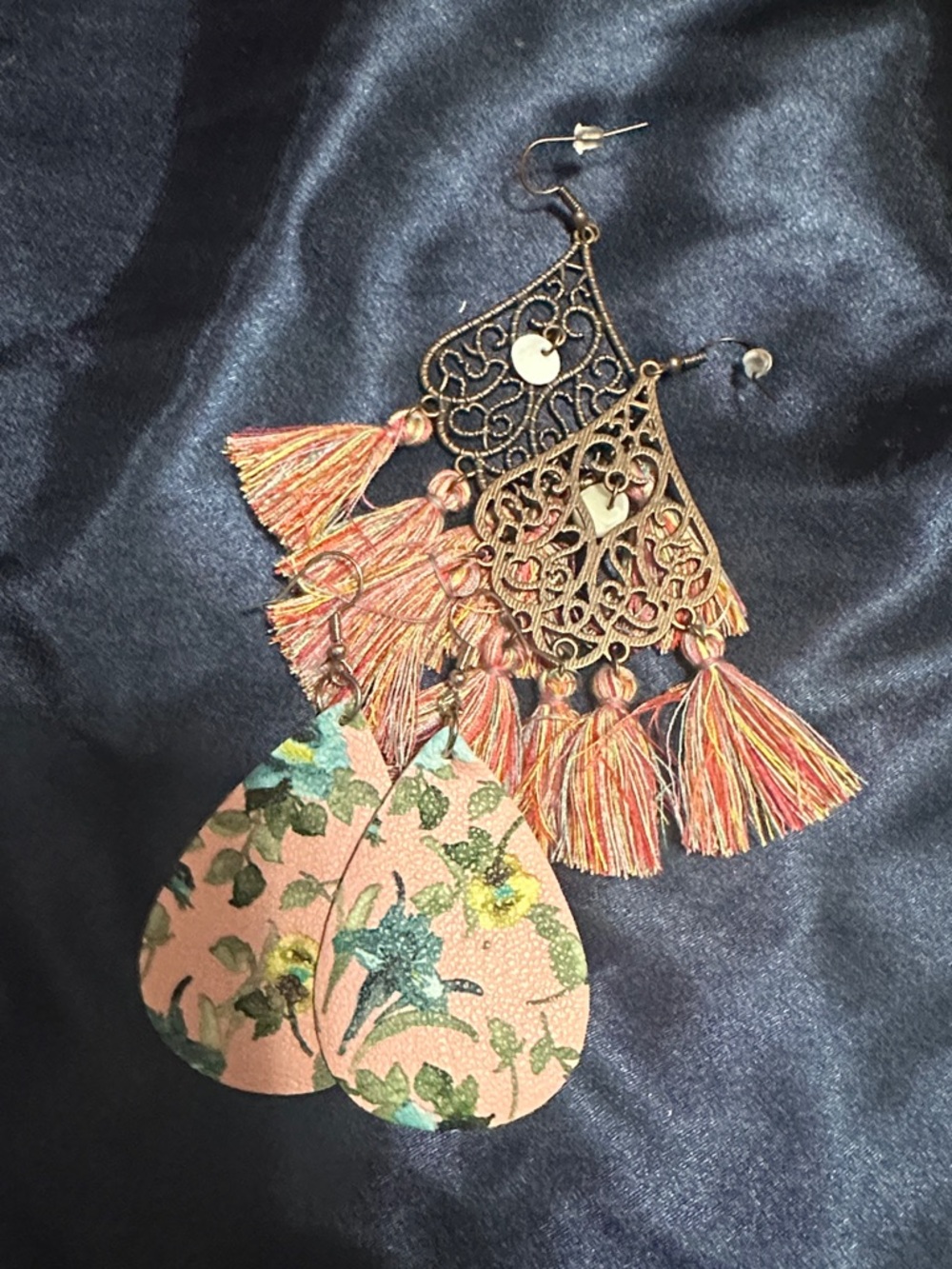 Boho Floral Pink Teardrop & Tassel Earrings - Unbranded